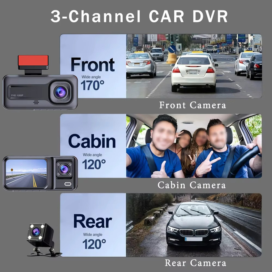 GMAIPOP 3-Kanal Dashcam Full HD 1080P Videorekorder mit Rückfahrkamera in Schwarz - Bild 2