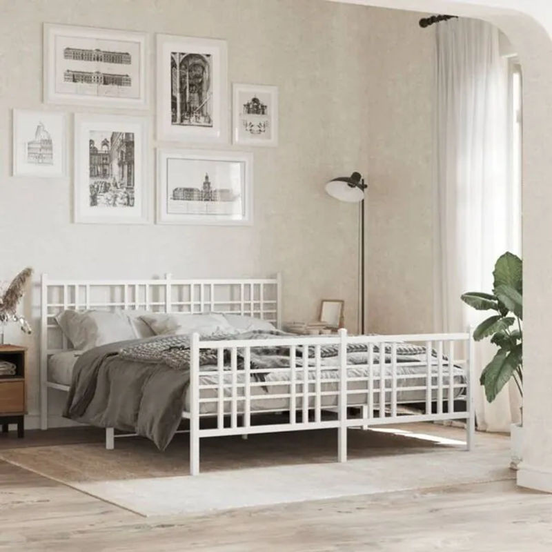 Vidaxl Metallbett mit Kopf- und Fußteil in Weiß, B/T/H: 150 x 200 cm - Bild 1