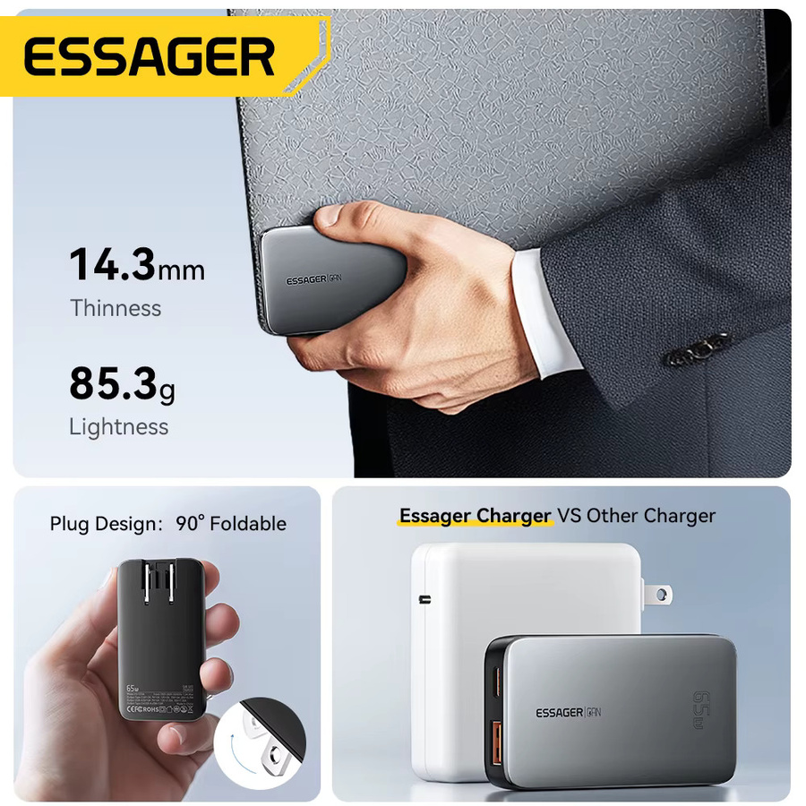 Essager 65 W GaN Reiseladegerät mit Quick Charge 4.0 PD3.0 PPS und USB-C für iPhone, Samsung und MacBook - Bild 4