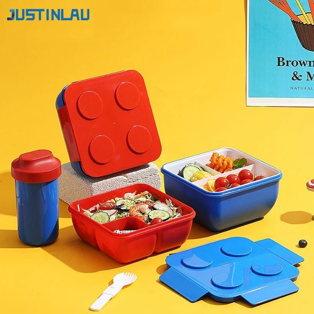 JUSTINLAU Tragbare Bento-Box aus Kunststoff mit versiegelbarem Deckel, bunte Baustein-Optik, rot/mehrfarbig - Bild 1