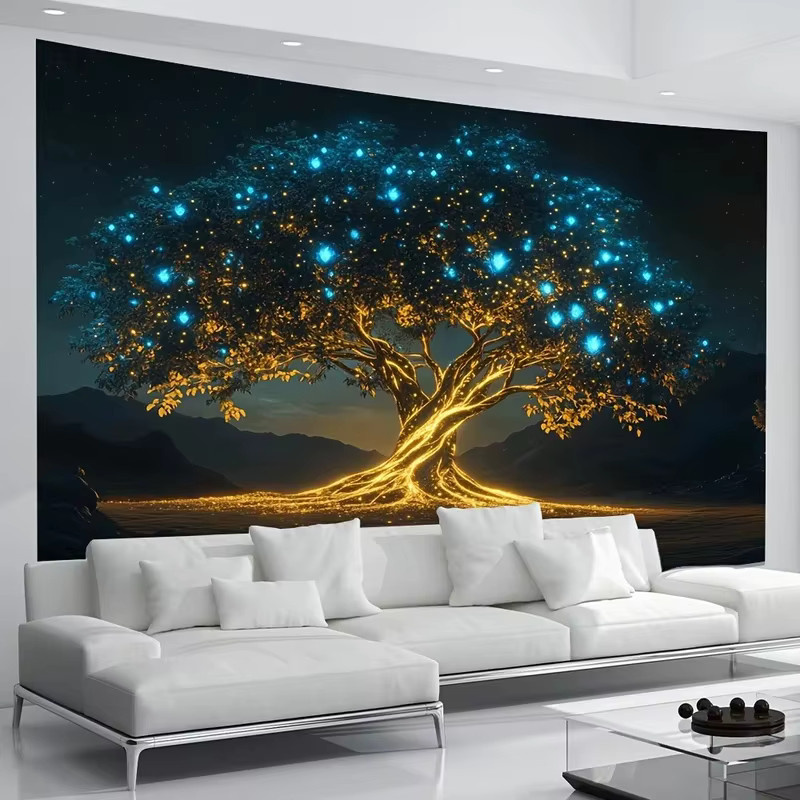 VIKAMA Wandteppich mit magischem leuchtendem Baum und goldenem Stamm in Gold und Multicolour als abstrakte Wanddekoration für dein Wohnzimmer oder Sofa - Bild 3