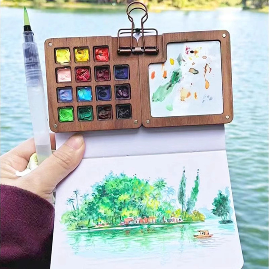 Aquarell-Paletten-Set mit Holz-Malbox und Binderclips in Multicolour für Kunstliebhaber - Bild 4