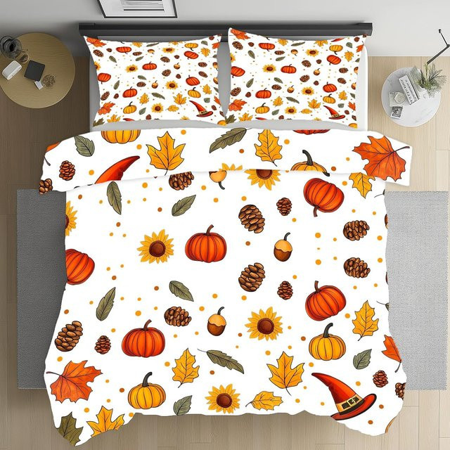 Wende-Bettwäsche-Set mit Kürbis- und Blättermuster aus Mikrofaser, 3-teilig, Weiß, B/H: 200 x 230 cm - Bild 1