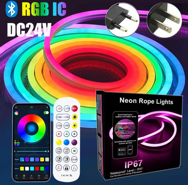 LeiiGeeGo RGBIC Neon-LED-Lichterkette mit Bluetooth-Fernbedienung, wasserdichte adressierbare Neon-Flex-Lichtleiste in Multicolor für Außenbereich, Garten und Terrasse, 24V - Bild 1