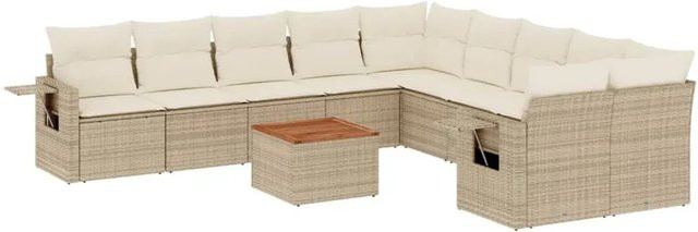 vidaXL 11-teilige Garten-Sofagarnitur in L-Form aus Poly-Rattan und Akazienholz mit Kissen in Beige und Cremeweiß - Bild 1