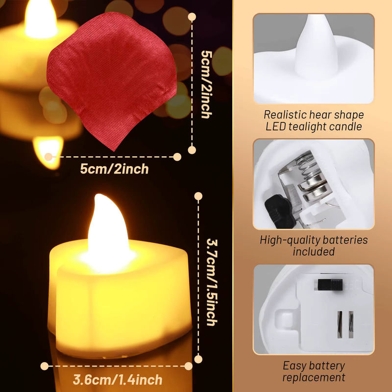 24er-Pack herzförmige elektrische LED-Teelichter in Weiß mit künstlichen Rosenblättern für romantische Dekorationen zum Hochzeitstag - Bild 3