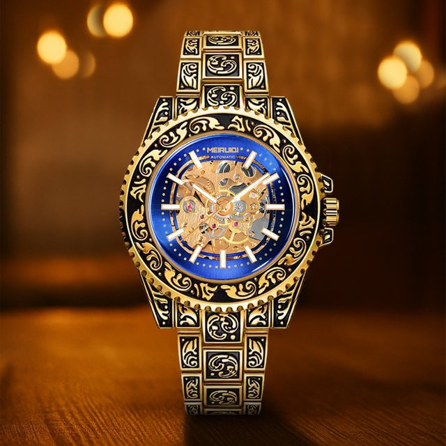 MEIRUIQI Tourbillon-Uhr, Analoguhr, Messing, Gold, Blau, Herren, Vintage - Bild 1