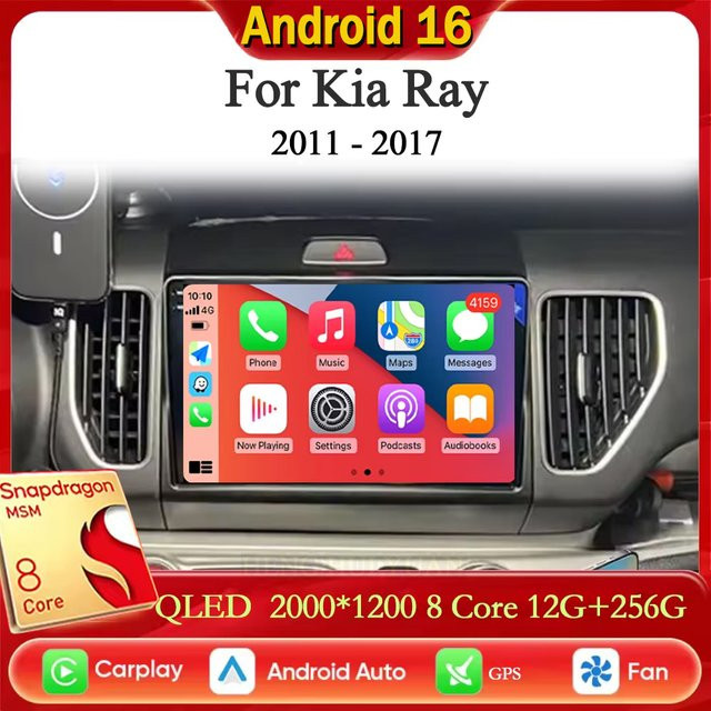 TIEYEZ Android 16 Autoradio für Kia Ray 2011 - 2017 mit kabellosem Carplay, Bluetooth, GPS und 360-Grad-Kamera in Schwarz - Bild 1