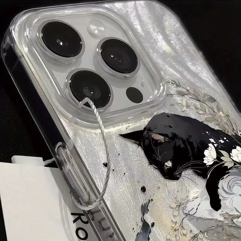 Schwarze iPhone Hülle mit Birnenblüten und silberner Feder-Seidenstruktur für Apple iPhone 17 bis 7 Modelle - Bild 4