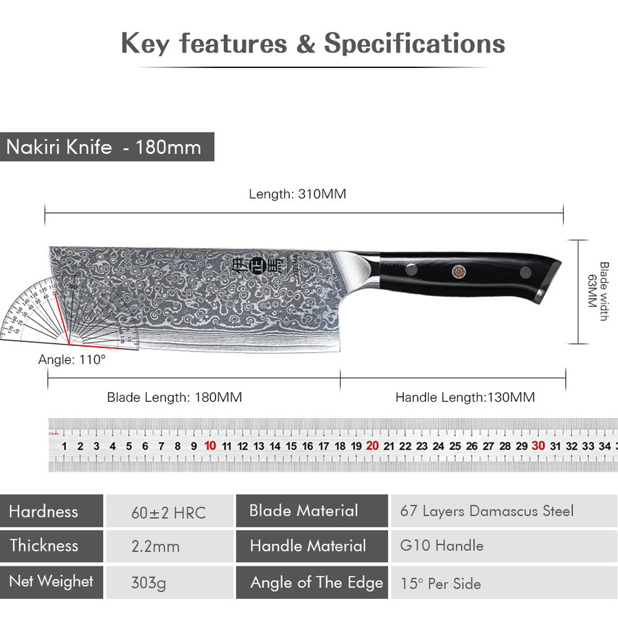 YIZEMA Nakiri Kochmesser aus 67-Lagen Damaszener Stahl, 7 Zoll professionelles Gemüsemesser - Bild 4
