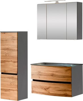 HELD MÖBEL Waschtisch-Set KOPENHAGEN, 5-teilig, braun, modern, wandmontiert mit LED-Beleuchtung und Steckdose - Bild 1