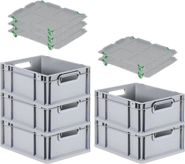 PROREGAL SparSet 5x Eurobox NextGen Grip mit Auflagedeckel und grünen Schiebeschnappverschlüssen, Grau, H x B x T: 17 x 30 x 40 cm - Bild 1