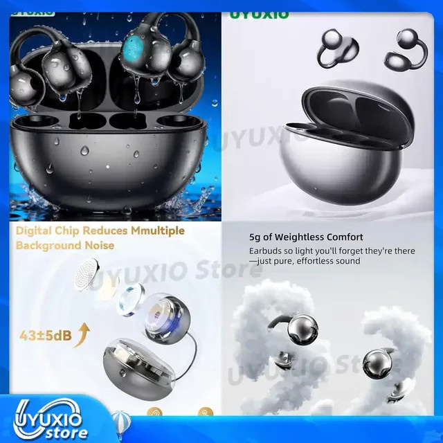 UYUXIO Clip-On Bluetooth 5.4 Ohrhörer XP7 Wasserdicht in Schwarz mit 72 Stunden Akkulaufzeit - Bild 1