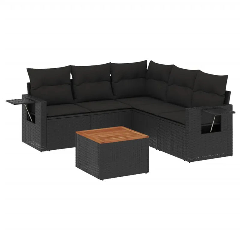 vidaXL 6-teilige Garten-Sofagarnitur in L-Form aus Polyrattan und Akazienholz mit Kissen in Schwarz - Bild 2