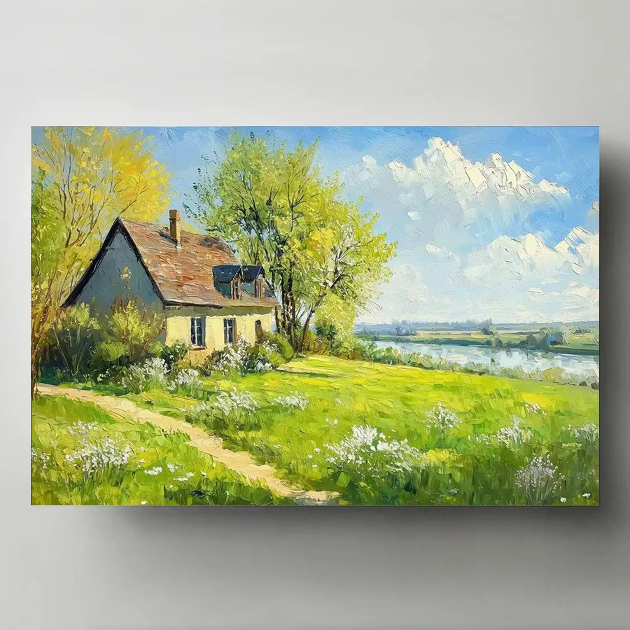 Potdemiel Leinwand Kunstposter Retro Frühling Garten mit Romantischer Hütte und Blumen in Mehrfarbig - Bild 3
