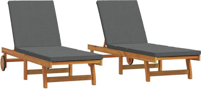 vidaXL Sonnenliegen Set aus Akazien-Massivholz mit Kissen und Rädern, 2 Stück, Braun/Grau, B/T/H: 200 x 65 x 33 cm (pro Liege) - Bild 1