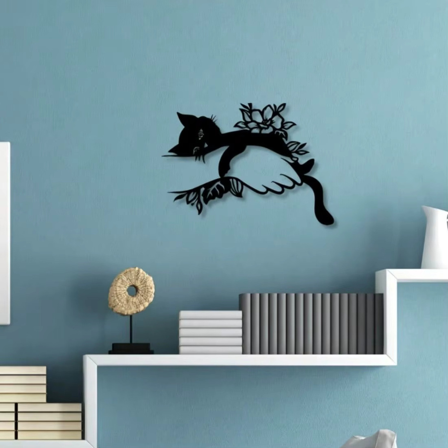 CIFBUY Art-Deco Wandkunst aus Metall mit Katze und Blumen in Schwarz für Innen und Außen - Bild 4