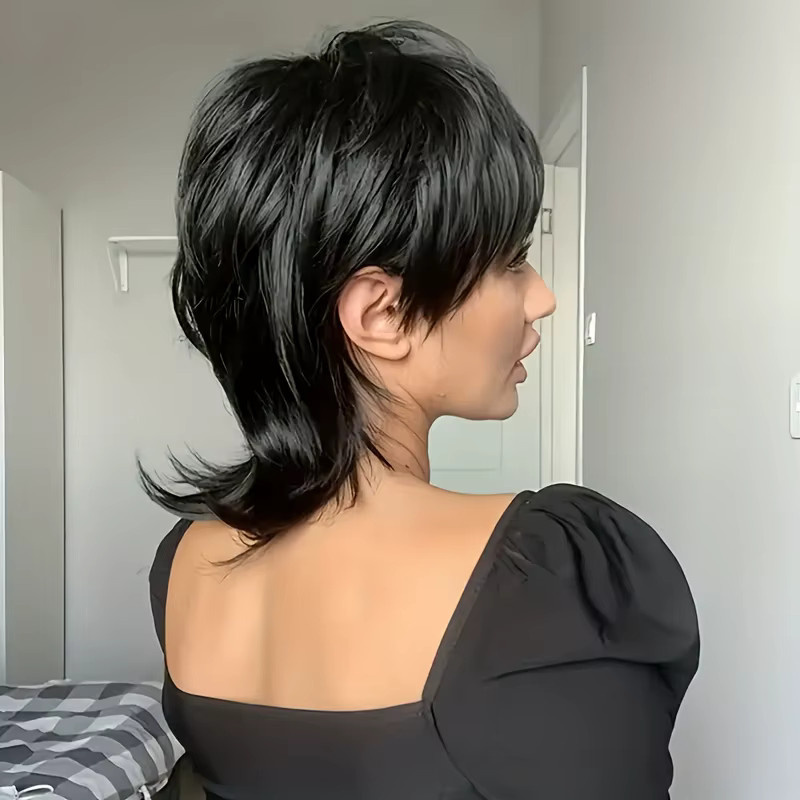 OYM HAIR Wolf Tail Short Straight Pixie Cut Perücke, brasilianisches Remy-Echthaar, mit Pony, 180 % Dichte - Bild 3