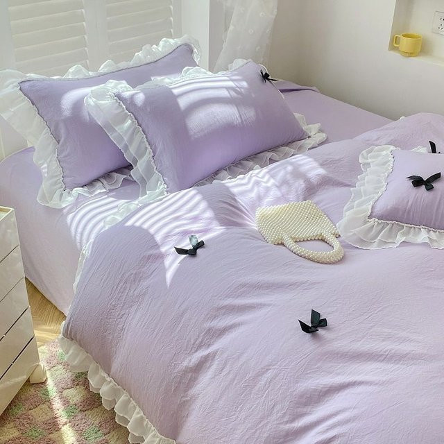 Bin Chi Textiles Bettwäsche-Set im Prinzessinnenstil mit Spitze und Herz-Stickerei, Farbe Lila, Material: Baumwolle und Polyester, B/H: 150 x 200 cm - Bild 1