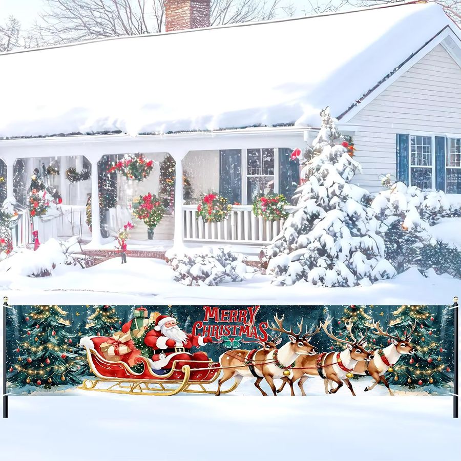 VIKAMA Weihnachtsschlitten-Hängebanner mit Santa Claus für die festliche Weihnachtsdekoration im Garten, Hof oder auf dem Balkon - Bild 3
