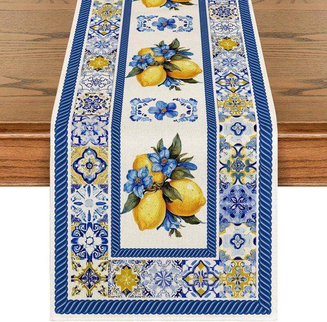 JINGYUE Pet Tischläufer aus Leinen in Blau mit Sommer-Zitronen- und Blumenmuster, B/T: 150 x 33 cm - Bild 1