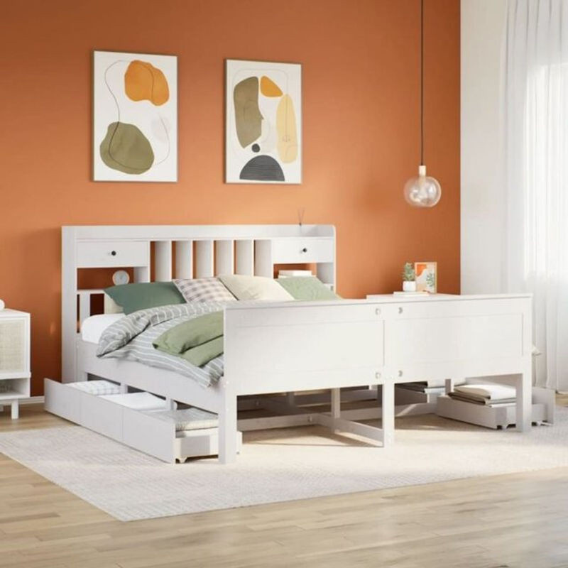 Massivholzbett Vidaxl aus Kiefer mit Regal in Weiß, B/T/H: 180 x 200 x 110 cm - Bild 1