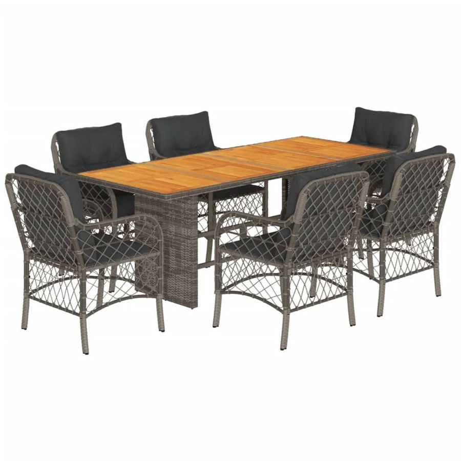 vidaXL 7-teilige Garten-Essgruppe aus Poly-Rattan und Akazienholz mit Kissen in Grau - Bild 2