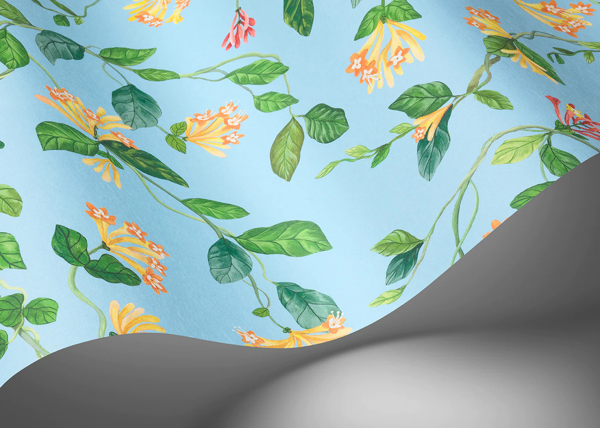 Cole & Son Tapete Flora in Buttercup Yellow auf Cornflower Blue mit botanischem Blumenmuster - Bild 1