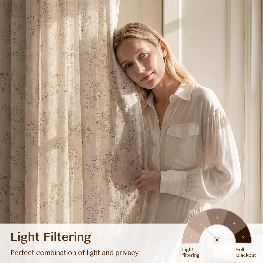 CENTURyMiG Französischer Leinenvorhang mit Blumenmuster in Beige, halbtransparent und UV-beständig, Breite: 119 cm, Höhe: 200 cm - Bild 2