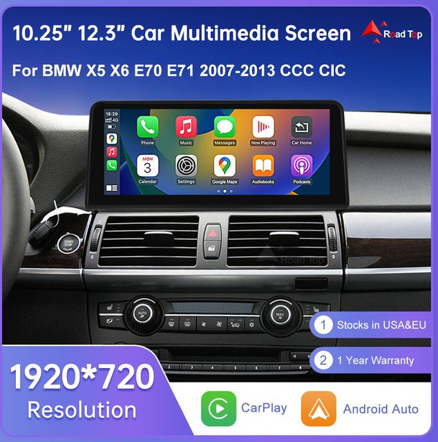 Road Top Drahtloser CarPlay Touchscreen Multimedia-Player für BMW X5 E70 und X6 E71 (2007-2013) mit Android Auto und Bluetooth in Schwarz - Bild 1