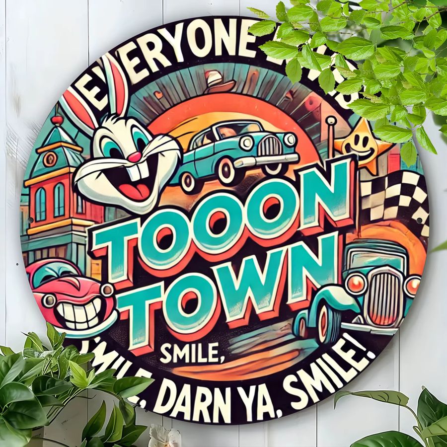 Vintage Toontown Wandkunstschild aus Aluminium von Potdemiel, rundes Metalldekor mit Retro-Autos und karierten Flaggen, Mehrfarbig, Durchmesser: 20,32 cm - Bild 2