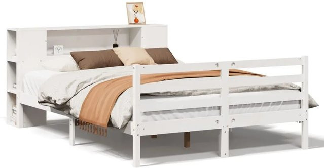 vidaXL Massivholzbett aus Kiefer mit Kopfteil und Regal in Weiß, B/T/H: 150 x 200 cm - Bild 1