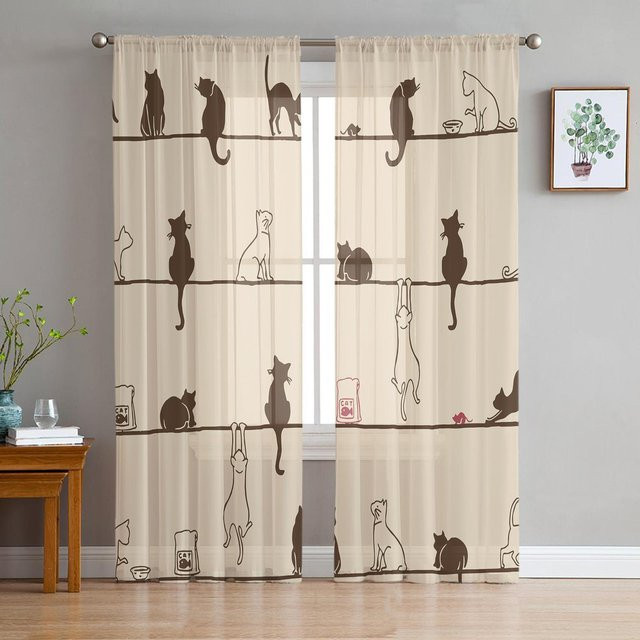 Super Six Transparente Katzen Fenstervorhänge aus Chiffon in Beige, B: 135 cm, H: 114 cm - Bild 1
