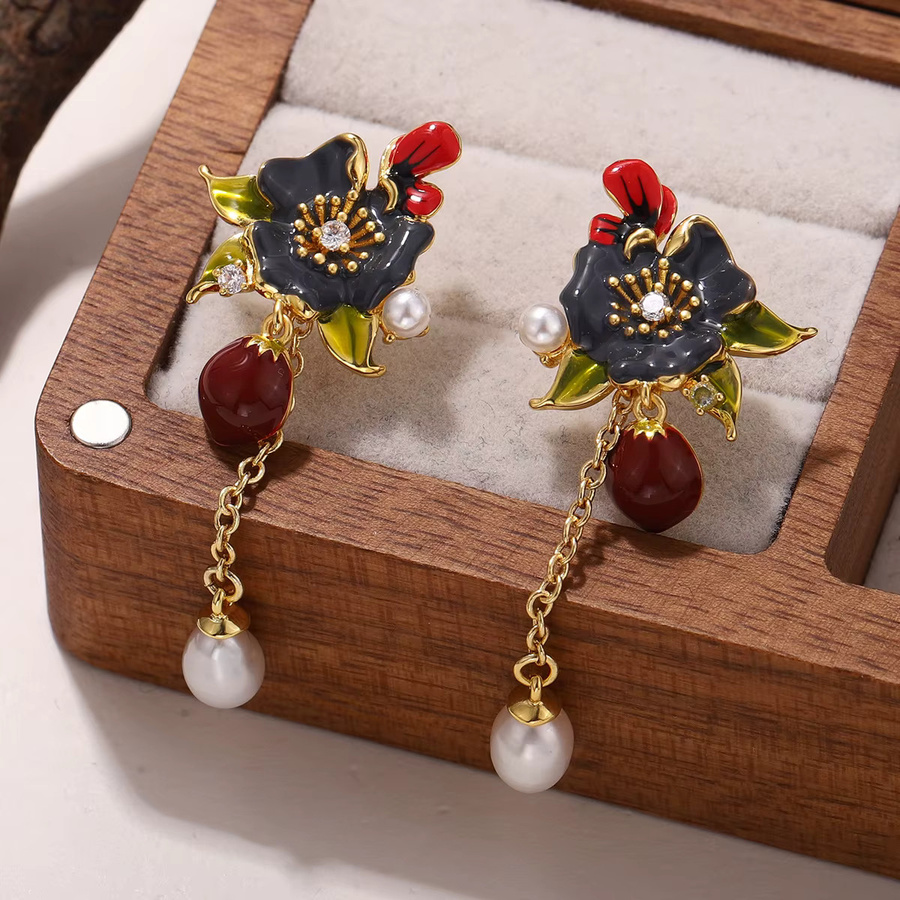 Kovonchy Ohrringe, Emaille-Blumen, Perle, roter Stein, Damen - Bild 3
