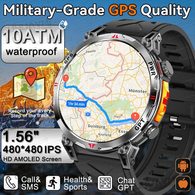 GUHUAVMI Smartwatch, GPS, Herren, 10 ATM, Schwarz, Silikon - Bild 1