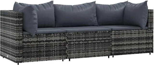 vidaXL 3-tlg. Garten-Lounge-Set in L-Form aus grauem PE-Rattan mit Kissen und pulverbeschichtetem Stahlgestell - Bild 1