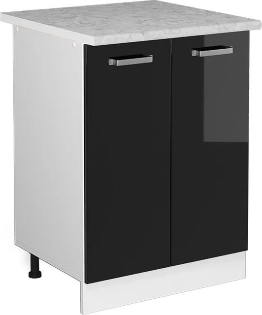 Vicco Küchenunterschrank R-Line in Schwarz Hochglanz und Weiß mit Marmor-Optik, Breite: 60 cm, Höhe: 81,6 cm, Tiefe: 56 cm - Bild 1