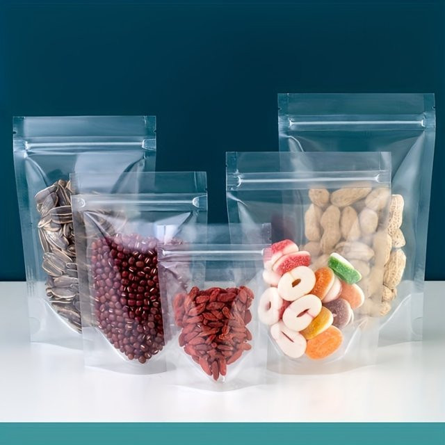 50 Stück transparente Stand-Up-Plastiktüten mit Reißverschluss zur Aufbewahrung von Snacks und Lebensmitteln - Bild 1