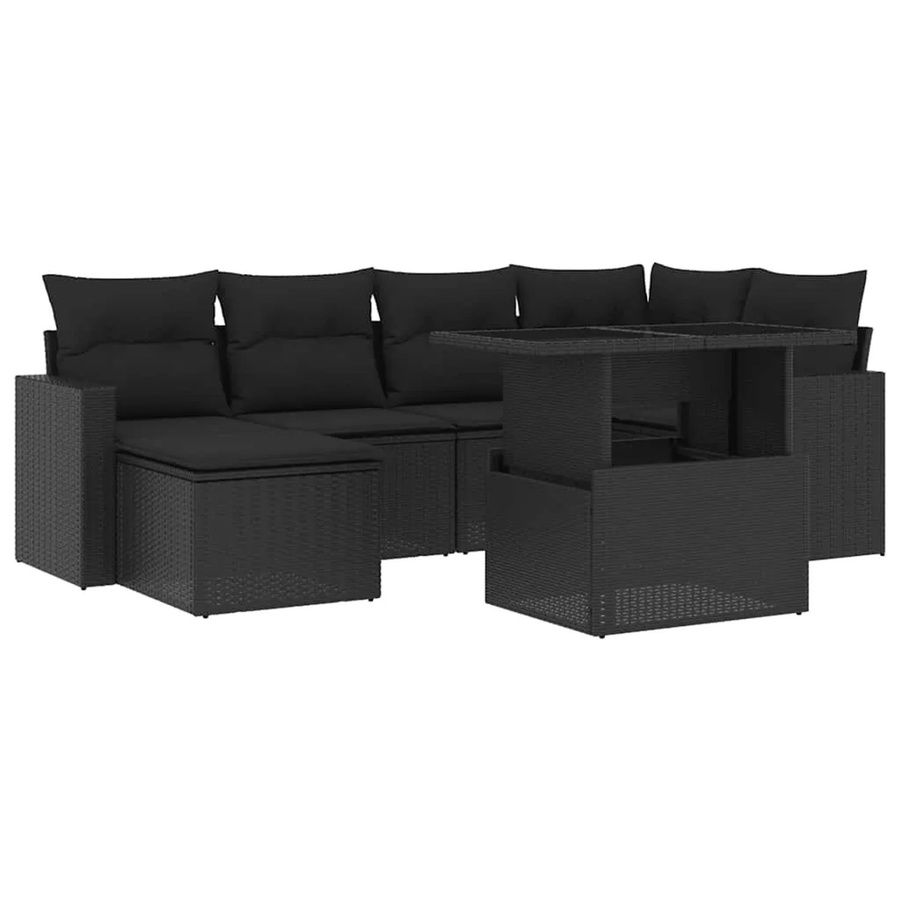 vidaXL 7-teilige Garten-Sofagarnitur in L-Form aus schwarzem Poly-Rattan mit Kissen und pulverbeschichtetem Stahlgestell - Bild 2