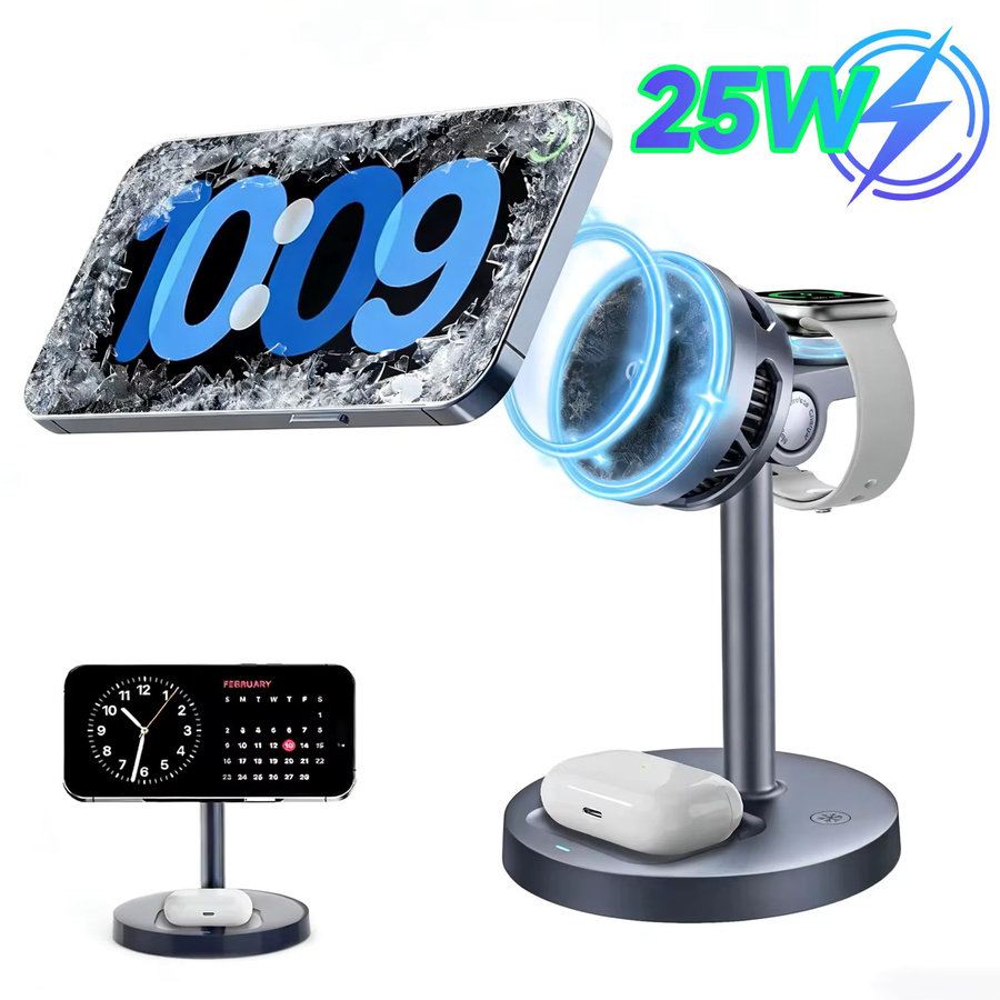 XIKCU Magnetisches Qi2 25W Kabelloses Ladegerät mit LED-Licht und Luftkühlung für iPhone, Apple Watch und AirPods Pro in Grau - Bild 3