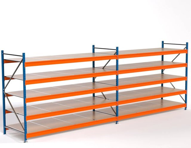 PROREGAL Industrie Weitspannregal MAXIMUS PRO Komplettregal mit 2 Feldern und 5 Spanplatten-Fachböden, Blau/Orange, H: 200 cm, B: 550 cm, T: 100 cm - Bild 1