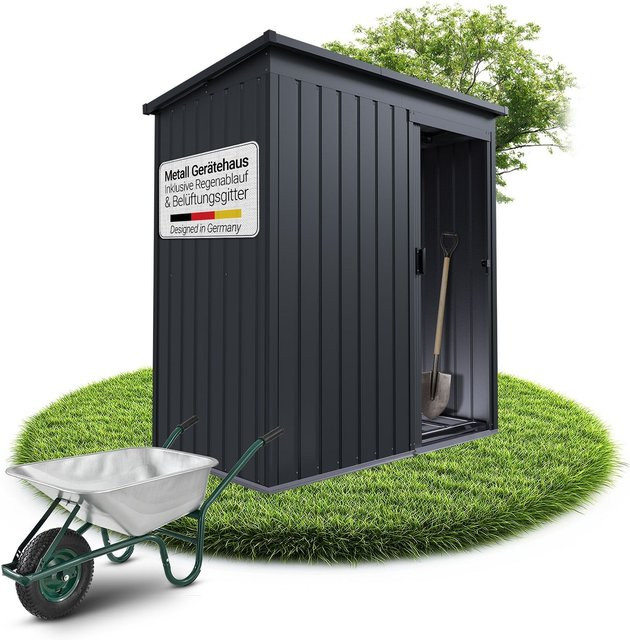 Juskys Metall Geräteschuppen S Dunkelgrau mit Fundamentrahmen, Schiebetür und abschließbarer Tür für deinen Garten - Bild 1
