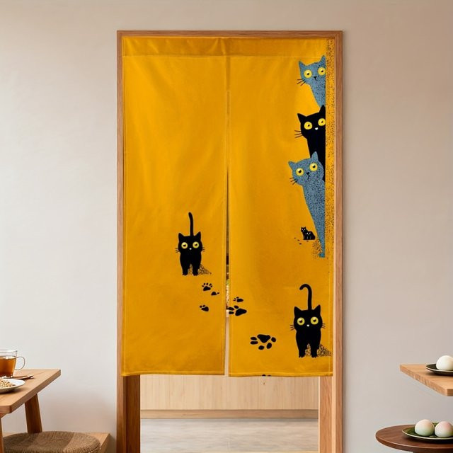 VIKAMA 2D Cartoon Cat Leinenvorhang im japanischen Stil für Küche und Badezimmer, Gelb, Breite: 90,0 cm, Höhe: 65,0 cm - Bild 1