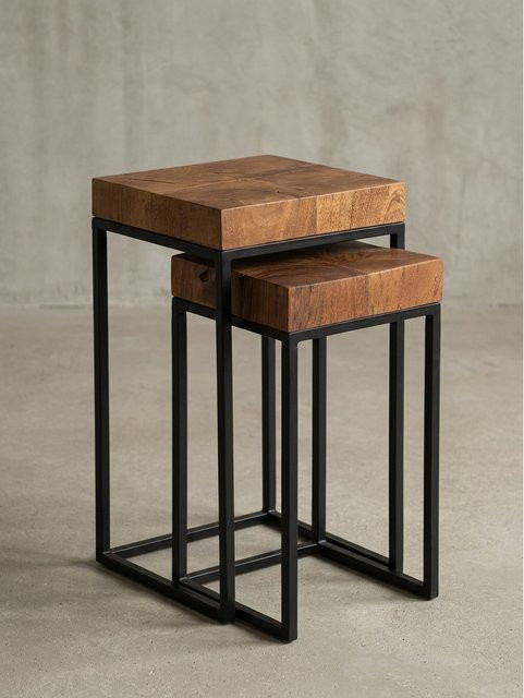 KADIMA DESIGN Beistelltisch Set aus Massivholz und Metall im Industrial-Design, 2-teilig, Schwarz/Braun - Bild 1