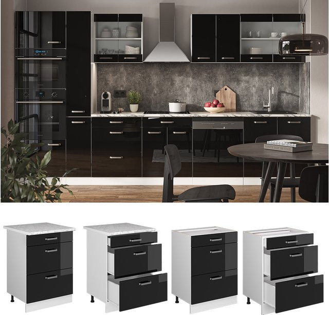 Vicco Küchenunterschrank R-Line mit Schubladen in Weiß und Schwarz, Breite: 60 cm - Bild 1