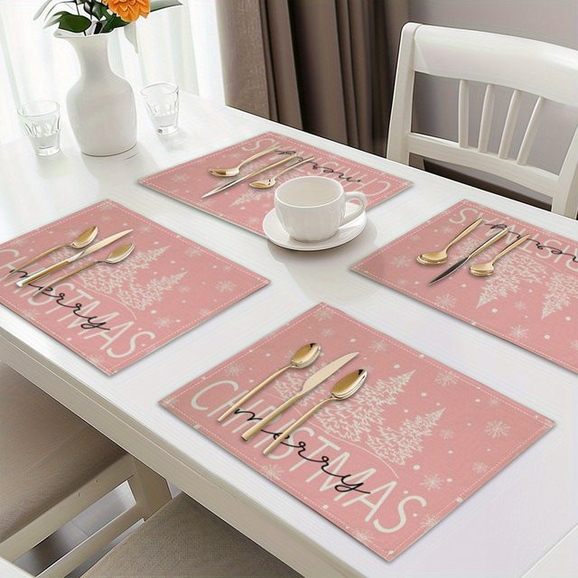 VIKAMA 4er-Set Weihnachts-Tischsets mit Rosa Schnee-Design in Rosa und Weiß für deine Weihnachtsdeko - Bild 1