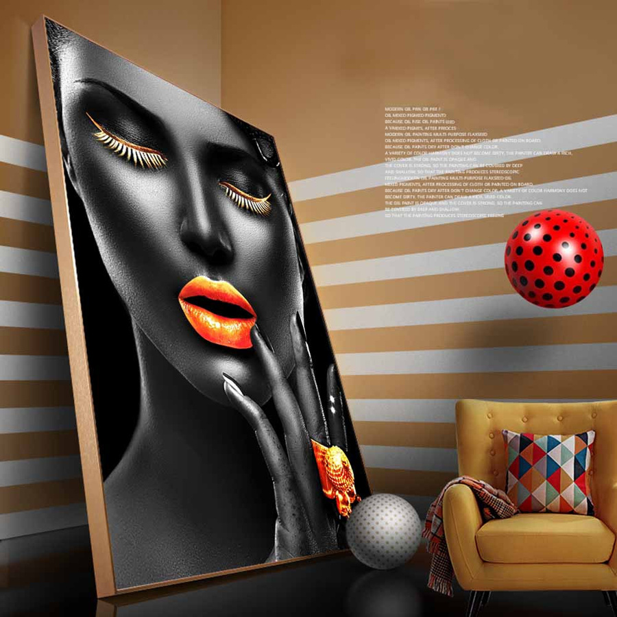 GIEKIKI Leinwandgemälde Afrikanische Kunst mit schwarzen Mädchen und goldenen Lippen, Wandbild Modern Portrait, B: 20 cm, H: 30 cm - Bild 2