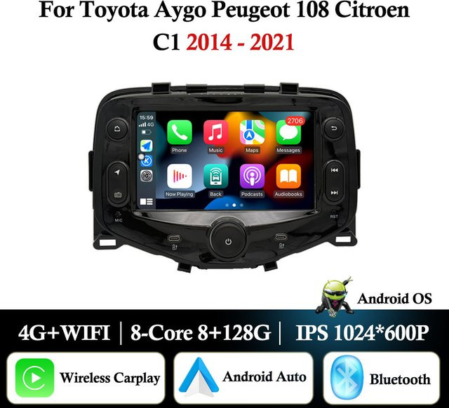KJ-NAVI Multimedia Autoradio mit Android Auto, Apple CarPlay, GPS und DSP für Toyota Aygo, Peugeot 108 und Citroen C1 (2014 - 2021), Schwarz - Bild 1