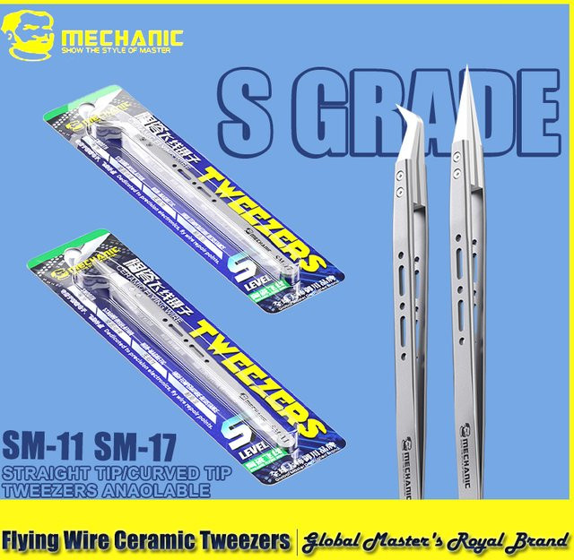 MECHANIC Keramik-Pinzette SM-11 mit gerader Spitze und SM-17 mit gebogener Spitze, antistatisch und hochpräzise, Farbe: Silber - Bild 1