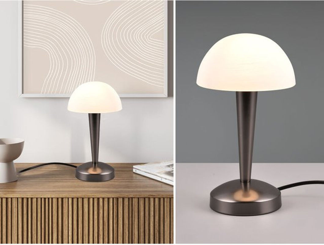 Modern LED Tischleuchte Canaria von REALITY LEUCHTEN mit Glasschirm und Touchfunktion in Schwarz und Chrom, Höhe: 26 cm - Bild 1
